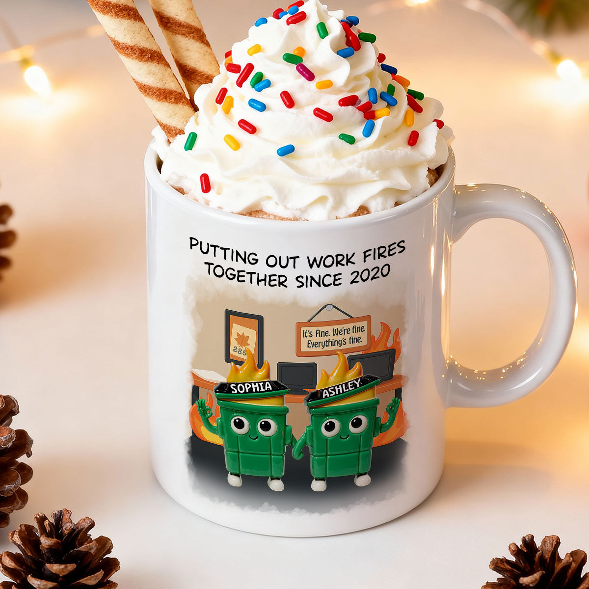 3D Effect Dumpster Fires In Office Scene - Personalized Mug - Funny Gift For Colleagues, Work Besties