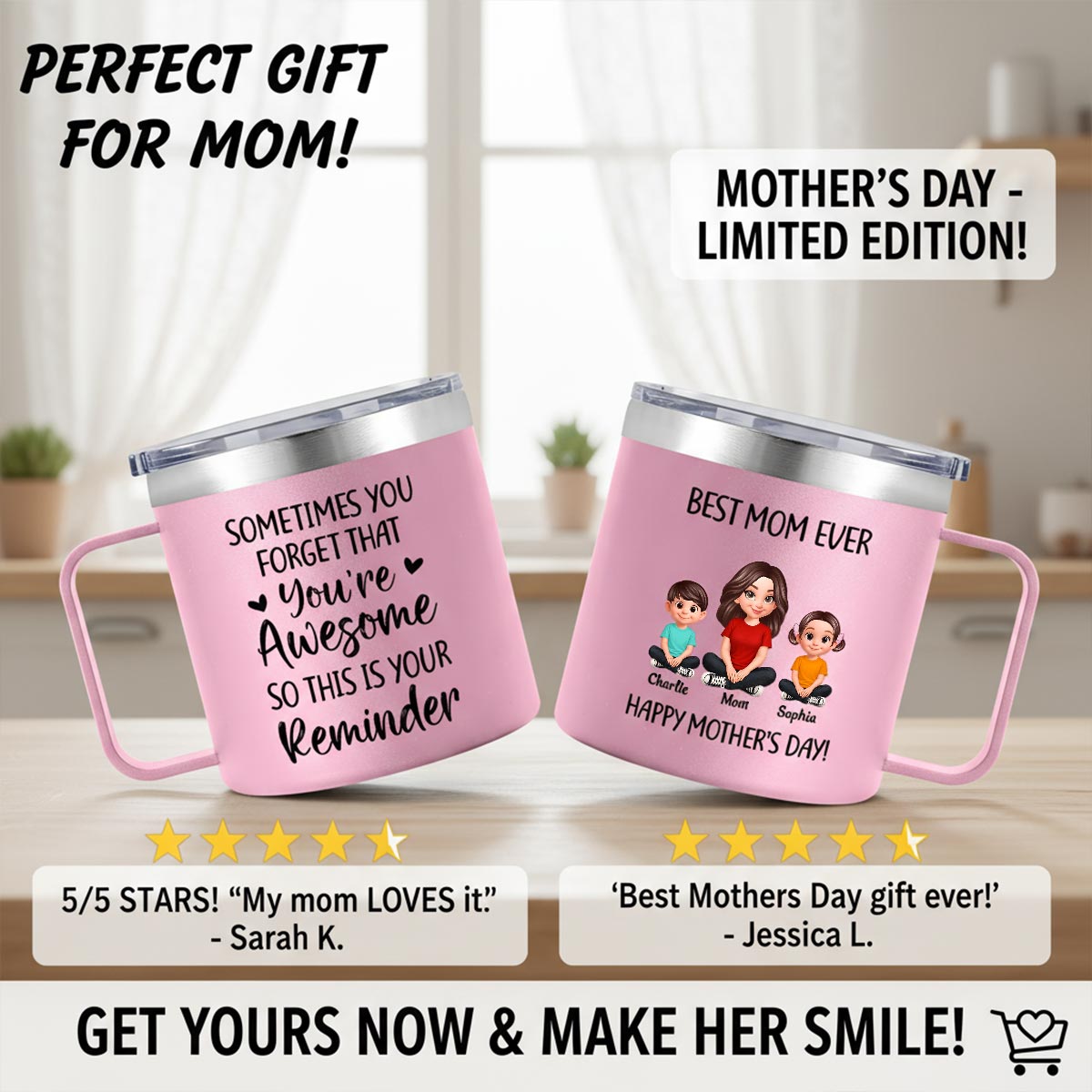Sometimes You Forget That You're Awesome Mom - Personalized Stainless Steel Tumbler with Handle - Mother's Day Gift For Mom Grandma