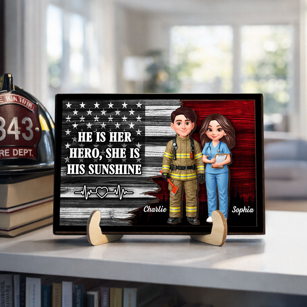 Custom Hero Couple Thin Red Line Nation Flag - Personalized 2-Layered Wooden Plaque - Heartfelt Gift for Him, for Her