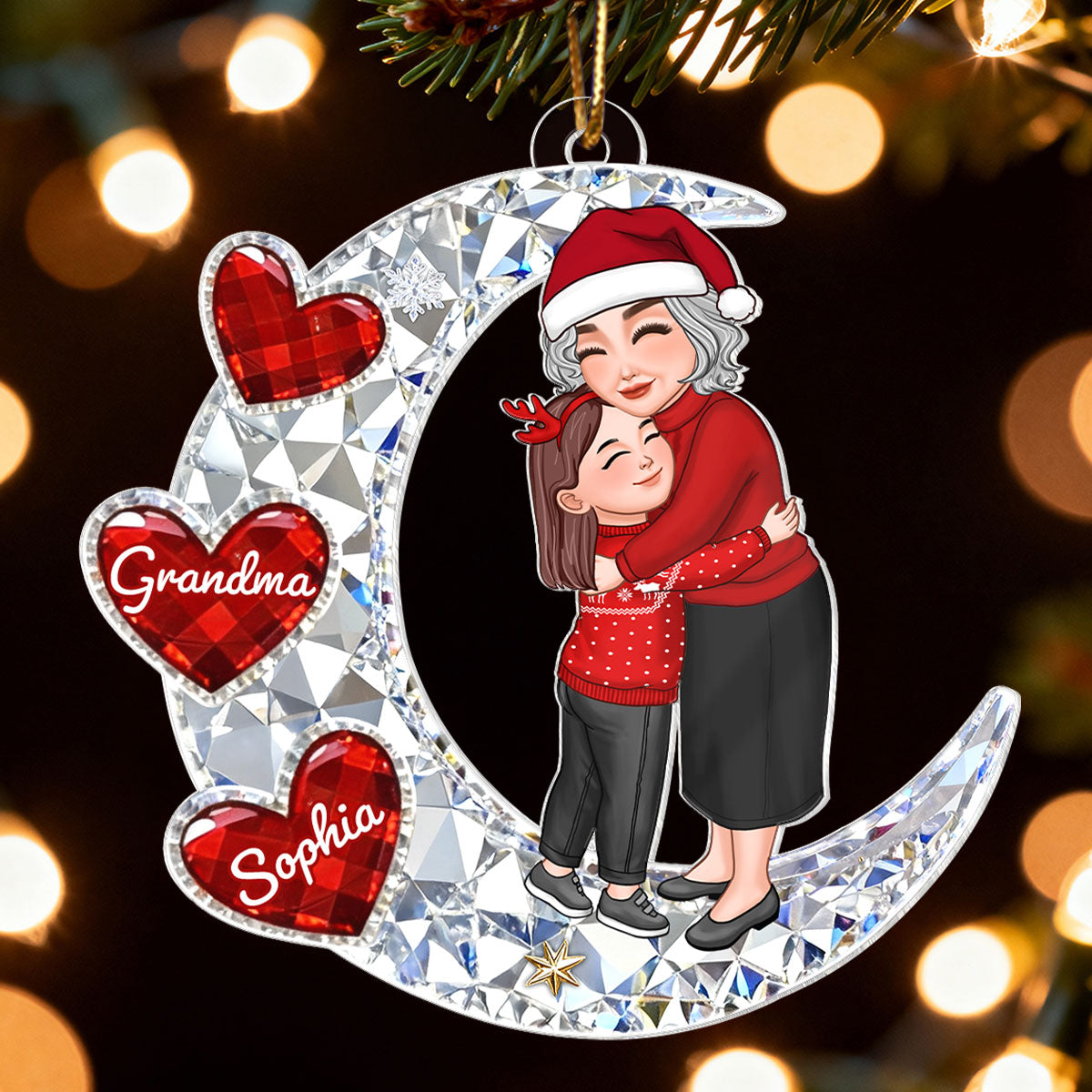 3D Crystal Effect Grandma Grandkid Hugging on Moon - Personalized Acrylic Ornament - Christmas Gift for Grandma, Grandkids