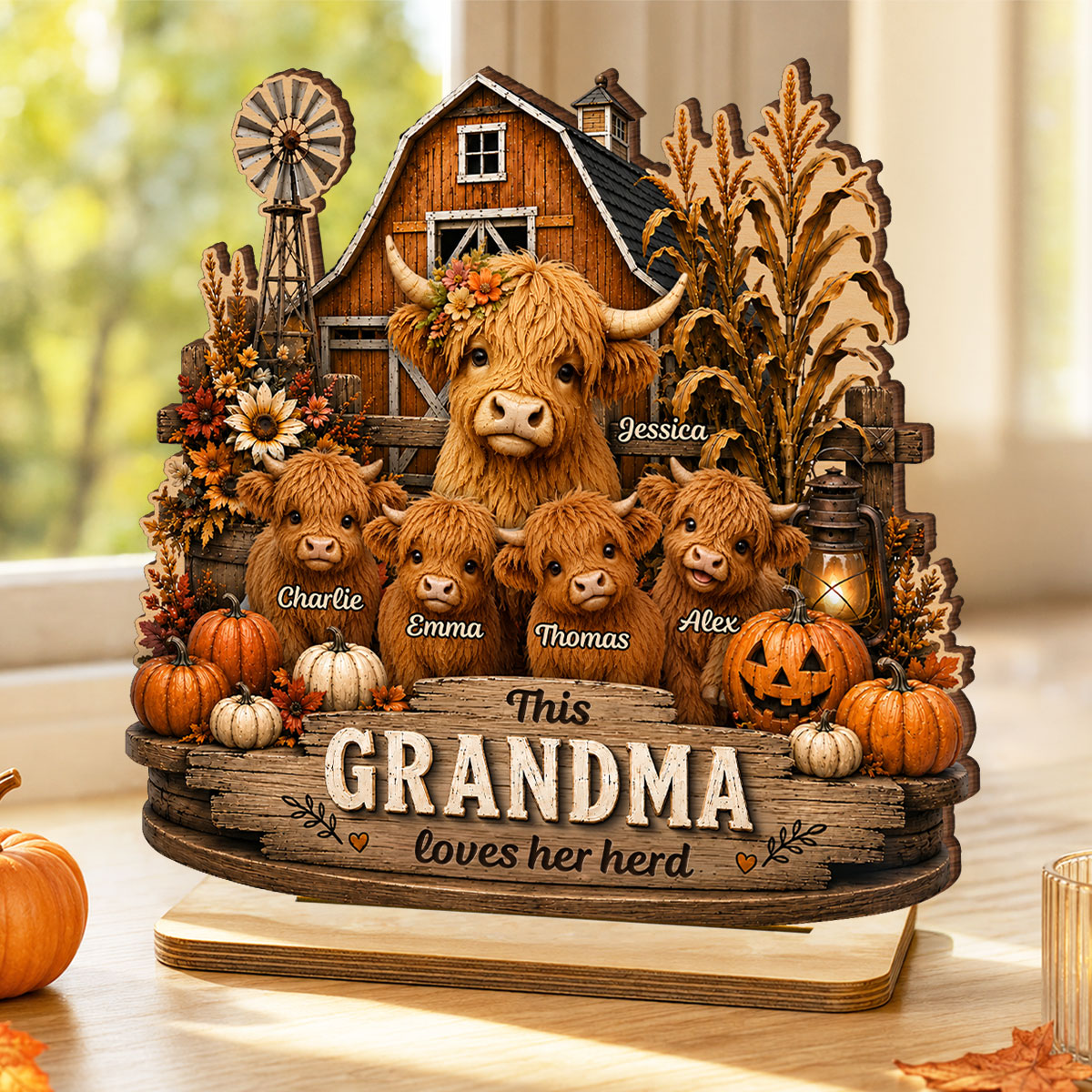 This Grandma Loves Her Herd - Personalized 2-Layered Wooden Plaque - Rustic Farmhouse Fall Decor for Grandma