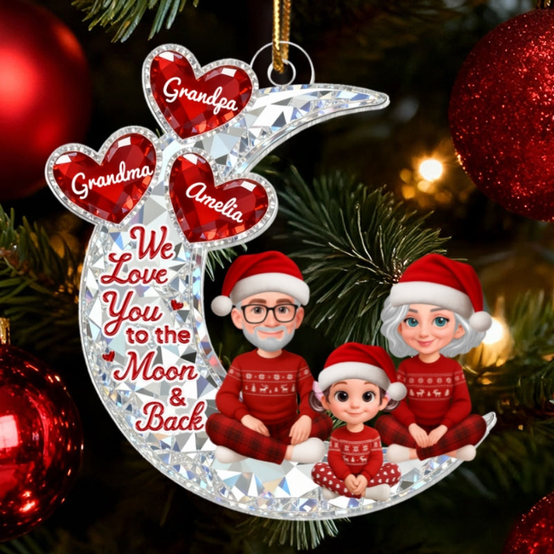 3D Effect Flat Moon Grandpa Grandma Grandkid Love You To The Moon And Back - Personalized Acrylic Ornament - Christmas Gift For All Grandkids