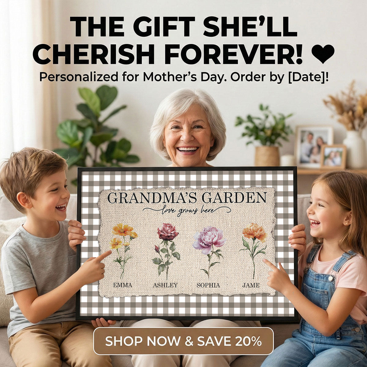 Gingham Pattern Grandma's Garden Birth Month Flowers - Personalized Poster - Mother's Day Gift For Grandma, Mom