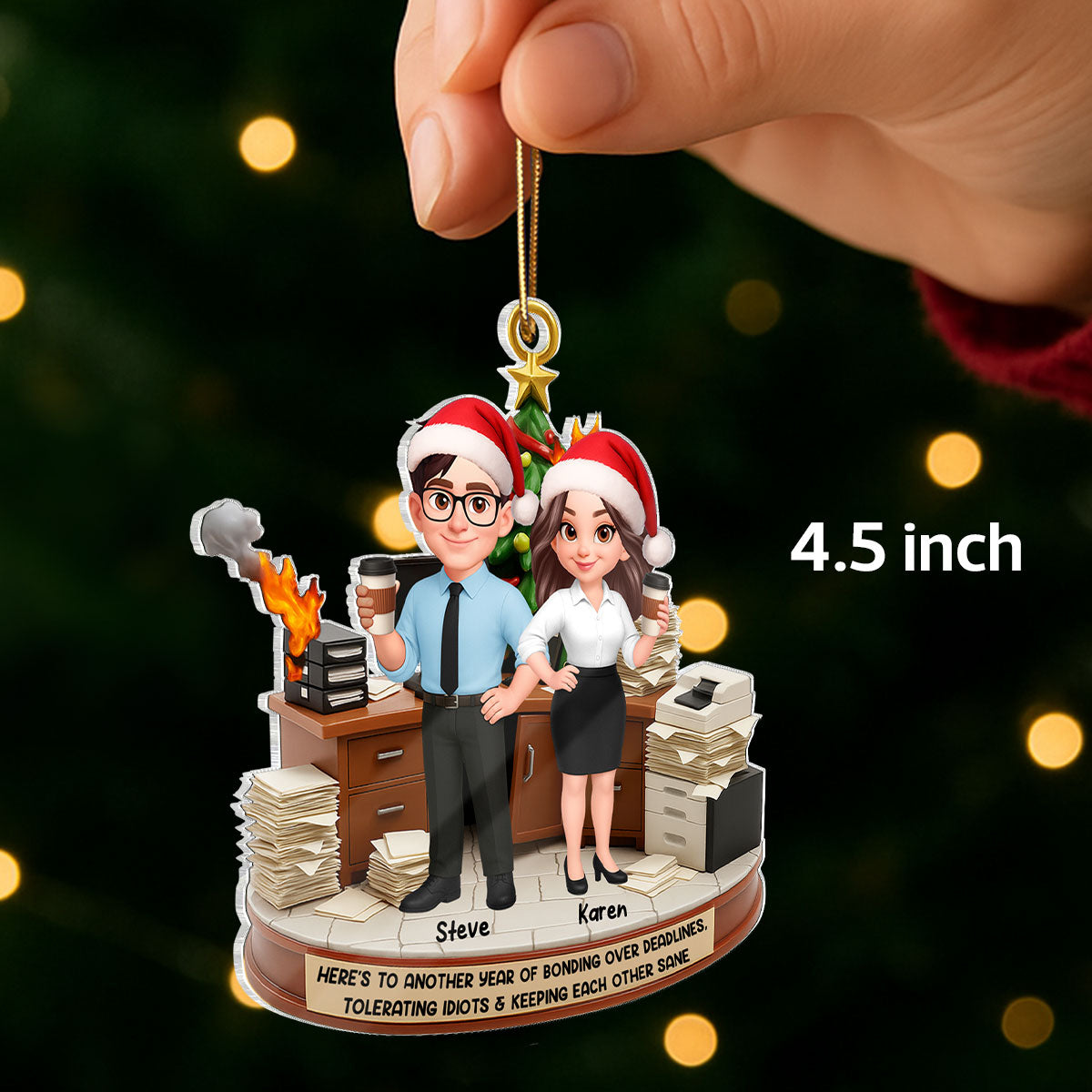 Here's to a Year Bonding over Deadlines - Personalized Acrylic Ornament - Funny Christmas Gift for Coworkers, White Elephant, Secret Santa Gift