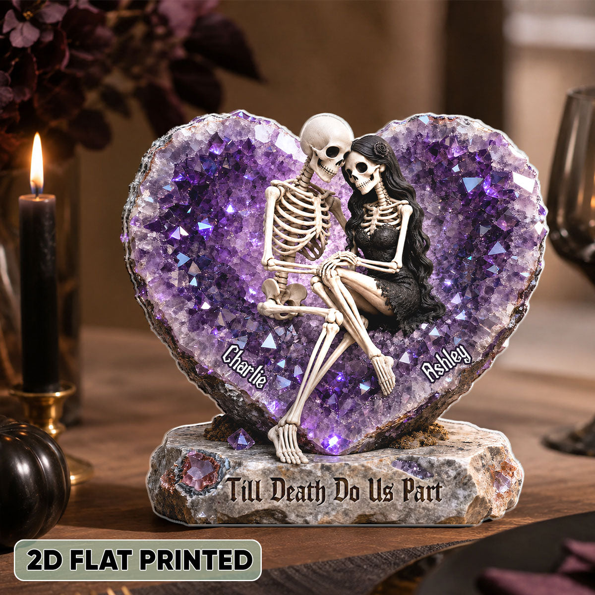 Till Death Do Us Part Skeleton Couple Quartz Heart - Personalized Acrylic Block Plaque - Halloween Decor Gift, Gift For Couple