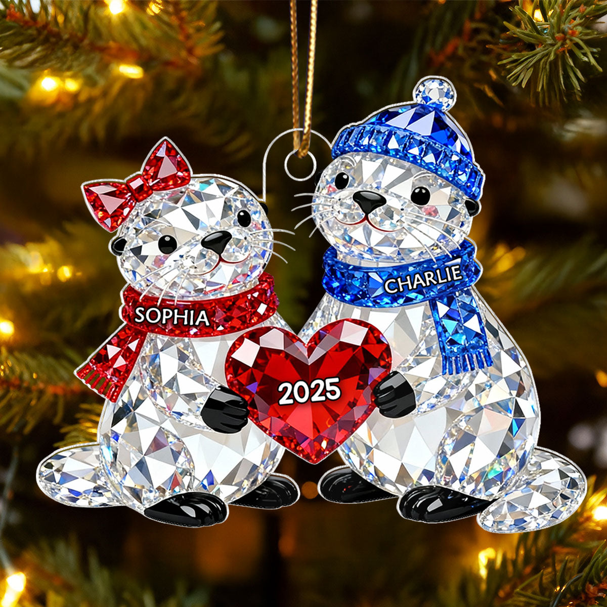 3D Crystal Effect Christmas Otter Couple - Personalized Acrylic Ornament - Heartwarming Christmas Gift for Couple