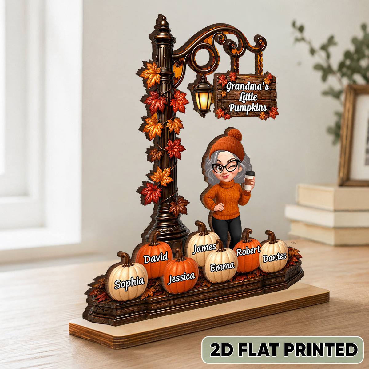 Grandma's Little Pumpkins Lamp Post - Personalized 2-Layered Wooden Plaque - Fall Season Decor Gift, Gift For Grandma
