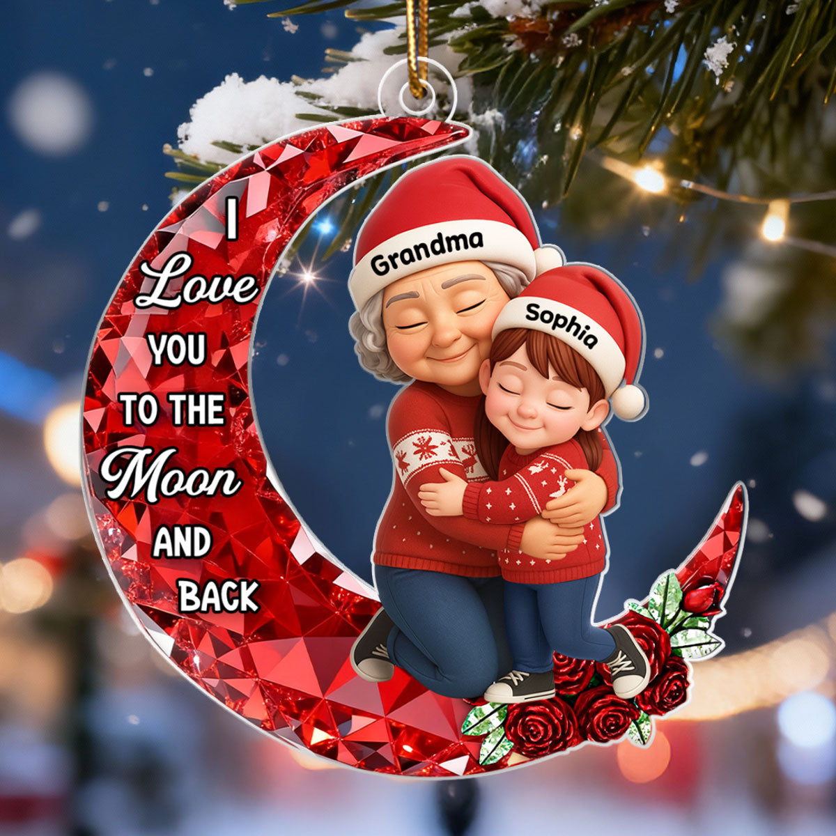 3D Crystal Effect Grandma Grandkid Love to the Moon - Personalized Acrylic Ornament - Christmas Gift for Grandma, Grandkids