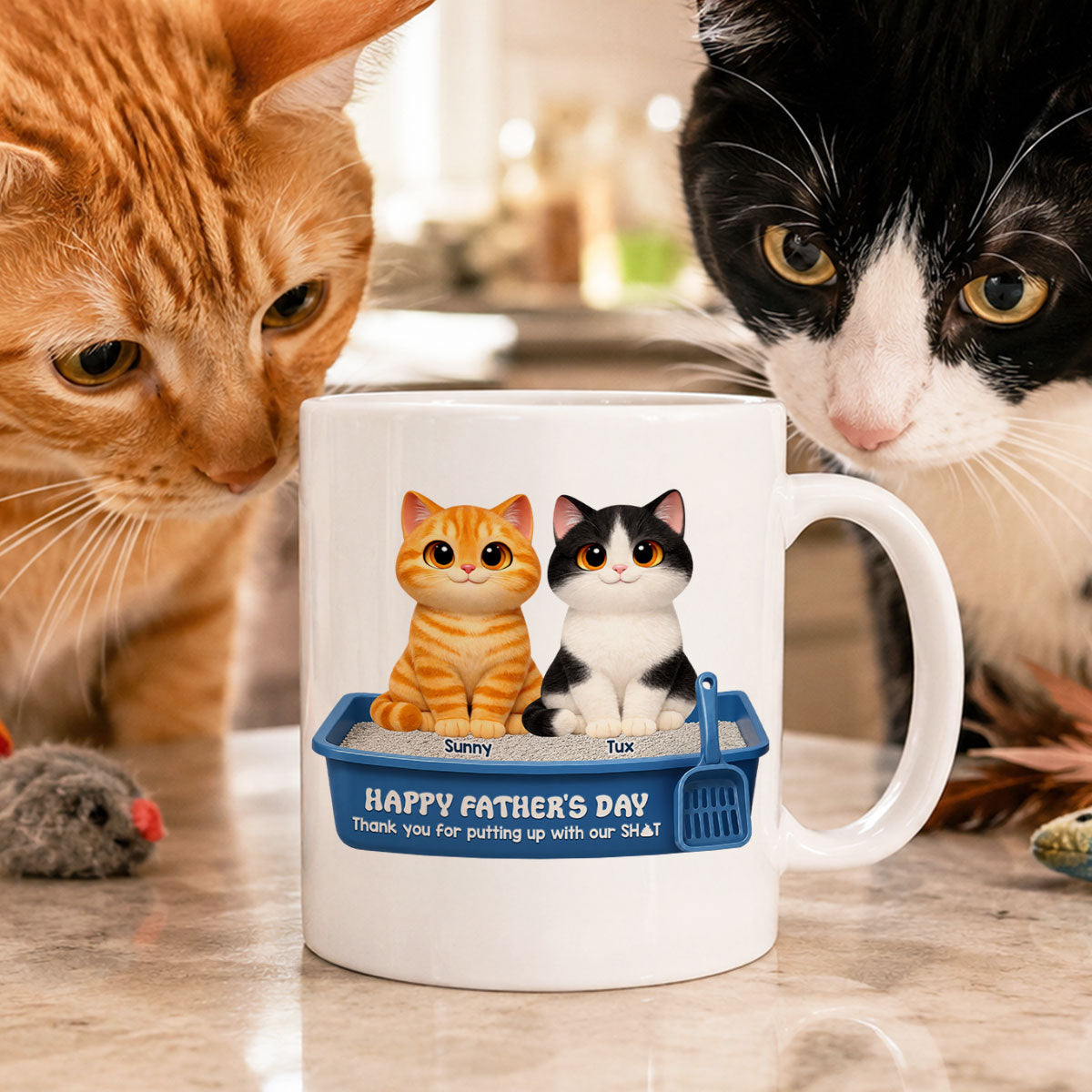 Cute Fluffy Cats Happy Father's Day Thanks For Feeding And Scooping Poo - Personalized Mug - Funny Father's Day Gift For Cat Dad, Cat Lovers