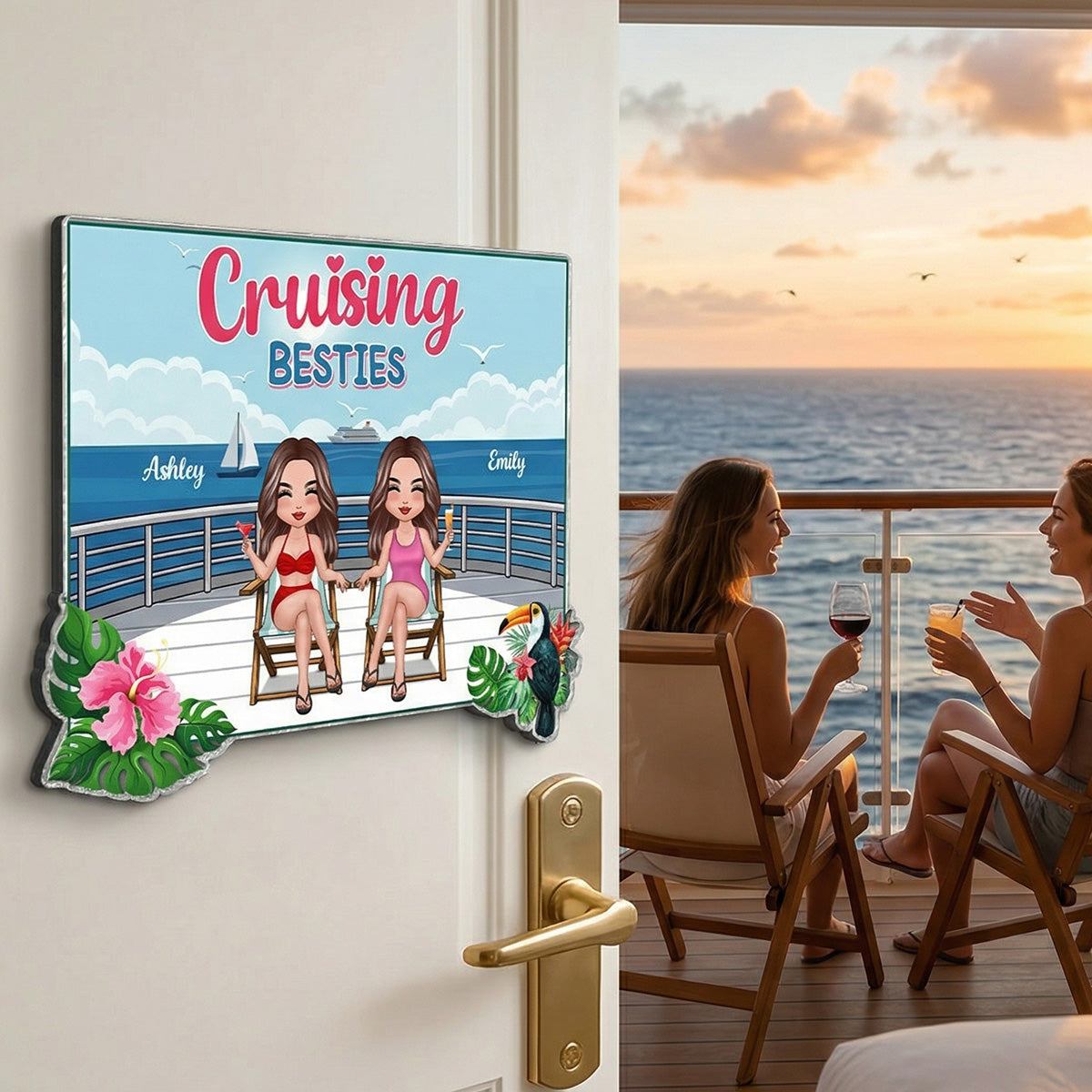 We're In Cruise Mode Besties Sitting Cruise Deck - Personalized Cruise Cabin Door Magnet