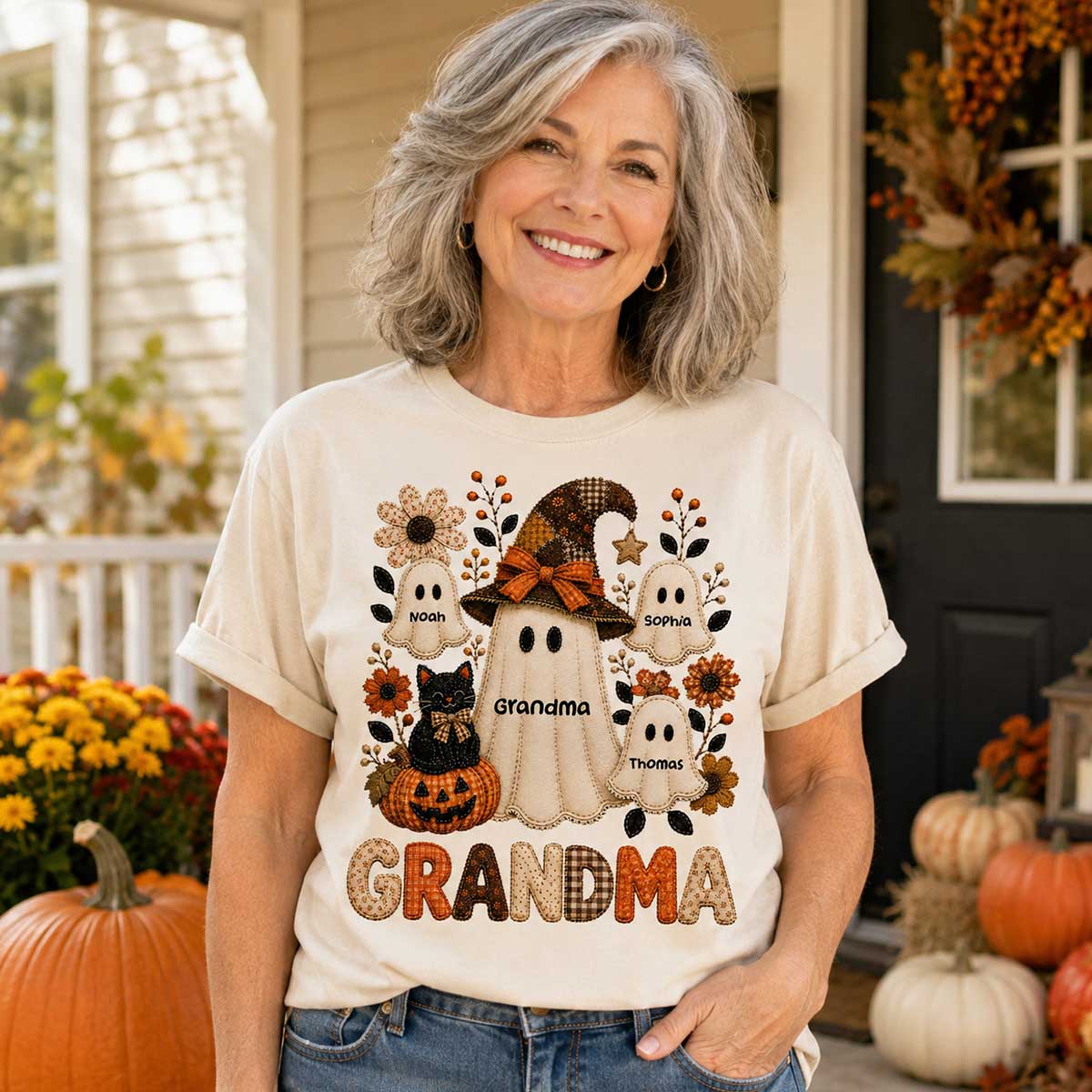 Cute Grandma Boo Witch Fall Season Halloween Faux Patchwork Pattern Coquette - Personalized Shirt - Halloween Gift For Grandma