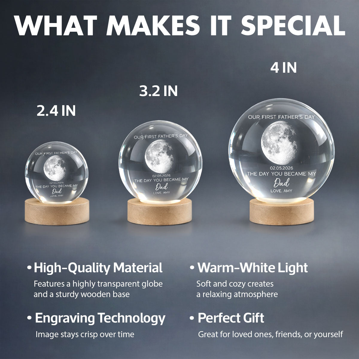 The Day You Became My Dad Custom Moon Phase First  - Personalized Crystal Ball LED Night Light - First  Gift For New Dad