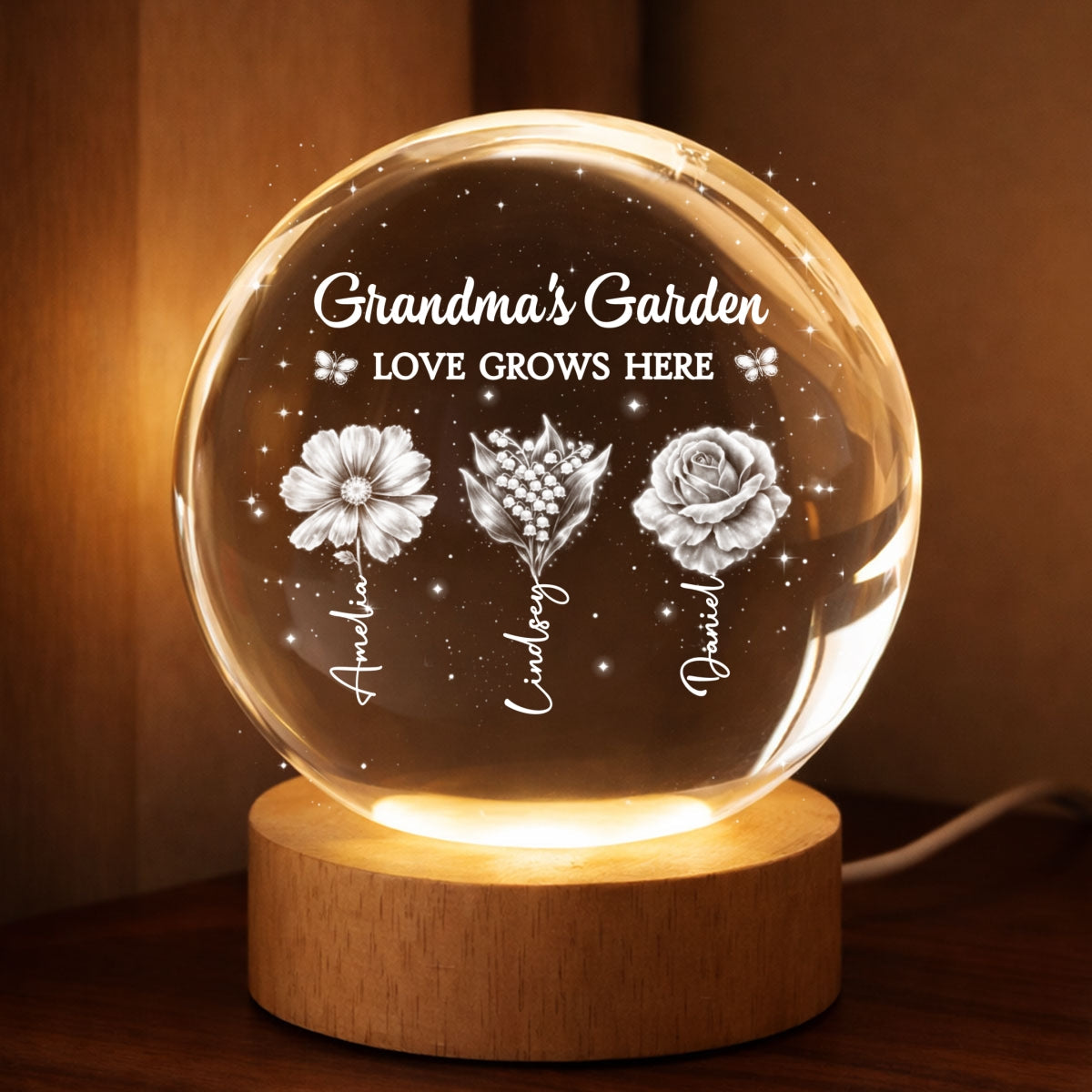 Grandma's Garden Custom Birth Month Flower - Personalized Crystal Ball LED Night Light - Sentimental Gift for Grandma