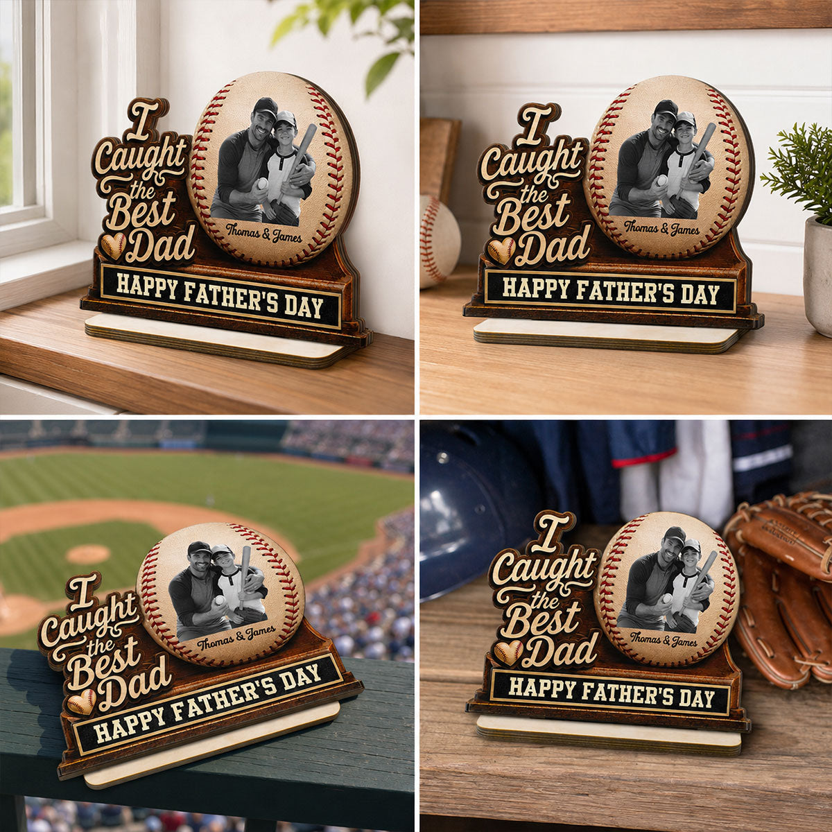 We Caught The Best Dad Custom Photo 2D Flat Printed - Personalized 2-Layered Wooden Plaque - Happy  For Baseball Dad
