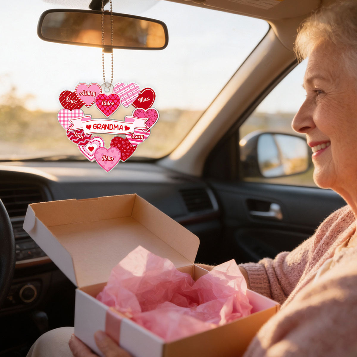 Grandma's Sweethearts Coquette Valentine's Day - Personalized Car Hanger Ornament - Gift For Grandma