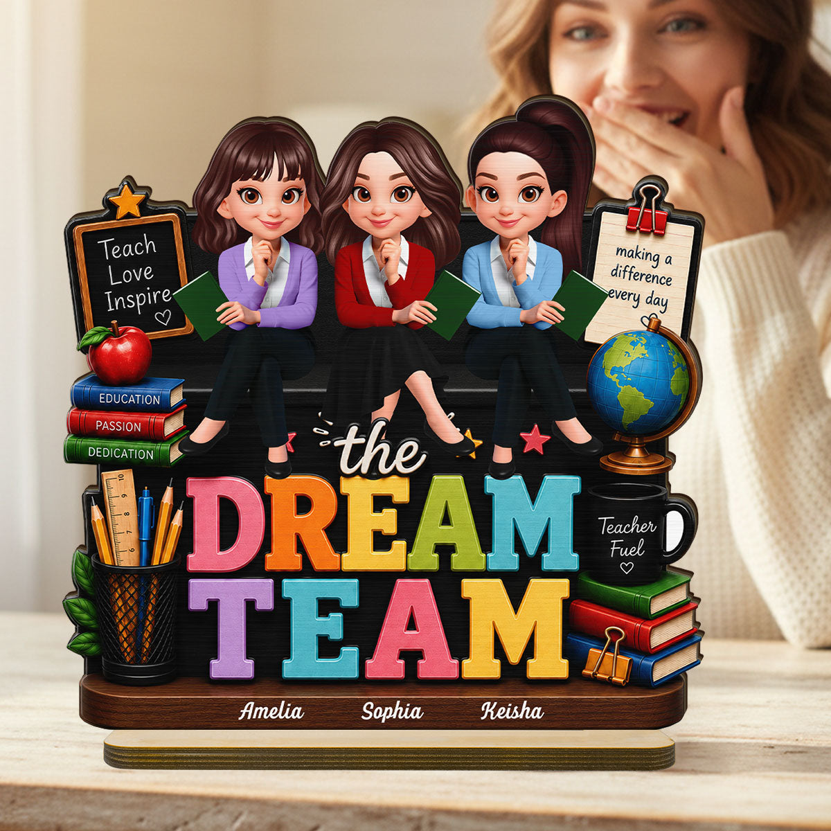Beautiful Teacher Dream Team - Personalized 2-Layered Wooden Plaque - Back To School Gift For Teacher, Classroom Decor