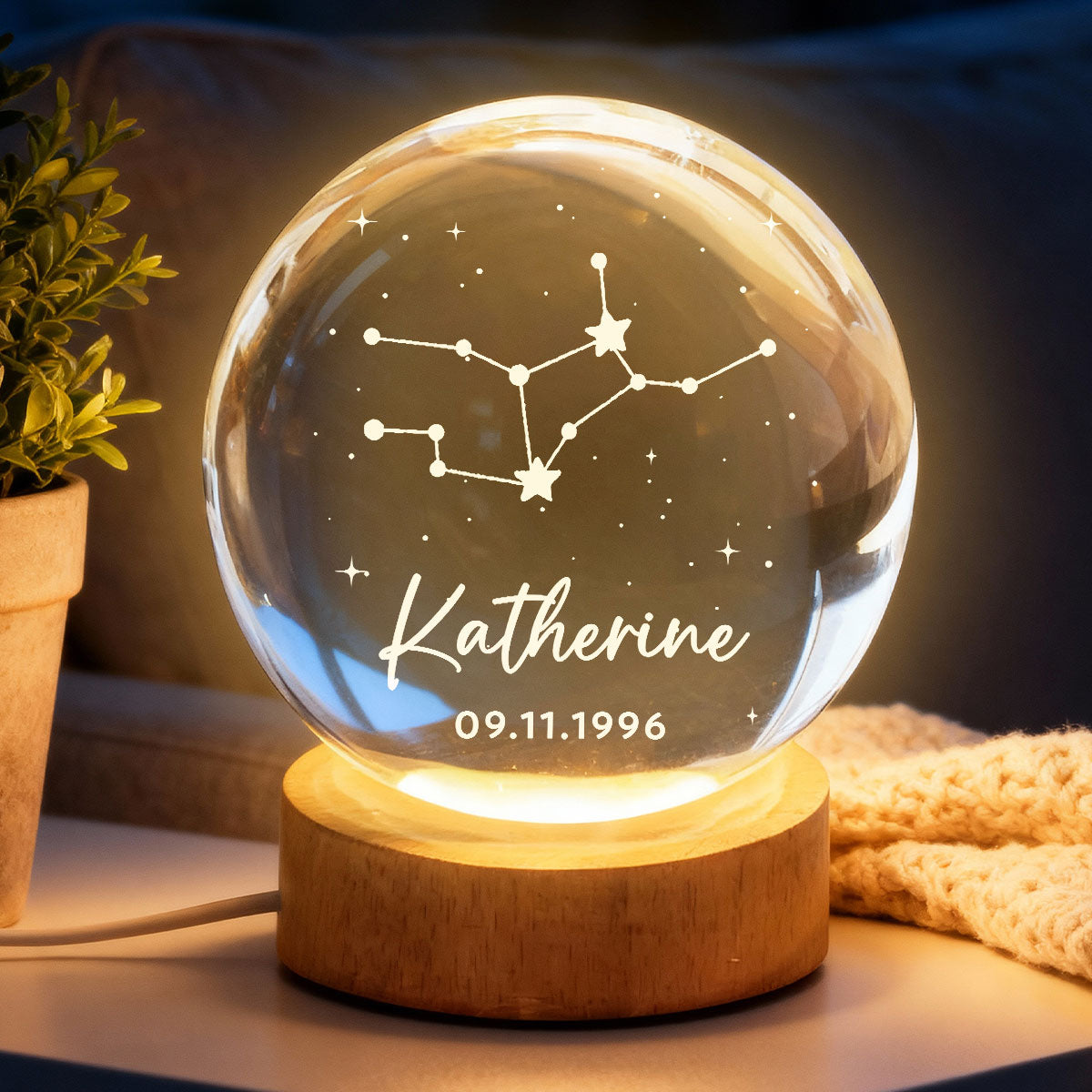 Birthday Zodiac Constellation Astrology Star Sign Art - Personalized Crystal Ball LED Night Light - Birthday Gift, Keepsake