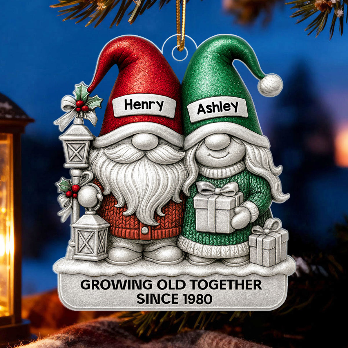 Gnome Couple 3D Metallic Effect - Personalized Acrylic Ornament - Christmas Gift for Couple