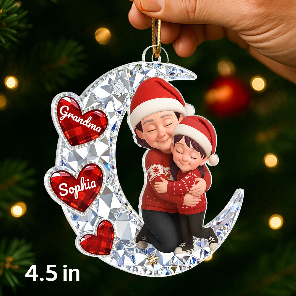 3D Crystal Effect Grandma Grandkid Hugging Moon Heart - Personalized Acrylic Ornament - Christmas Gift for Grandma, Grandkids