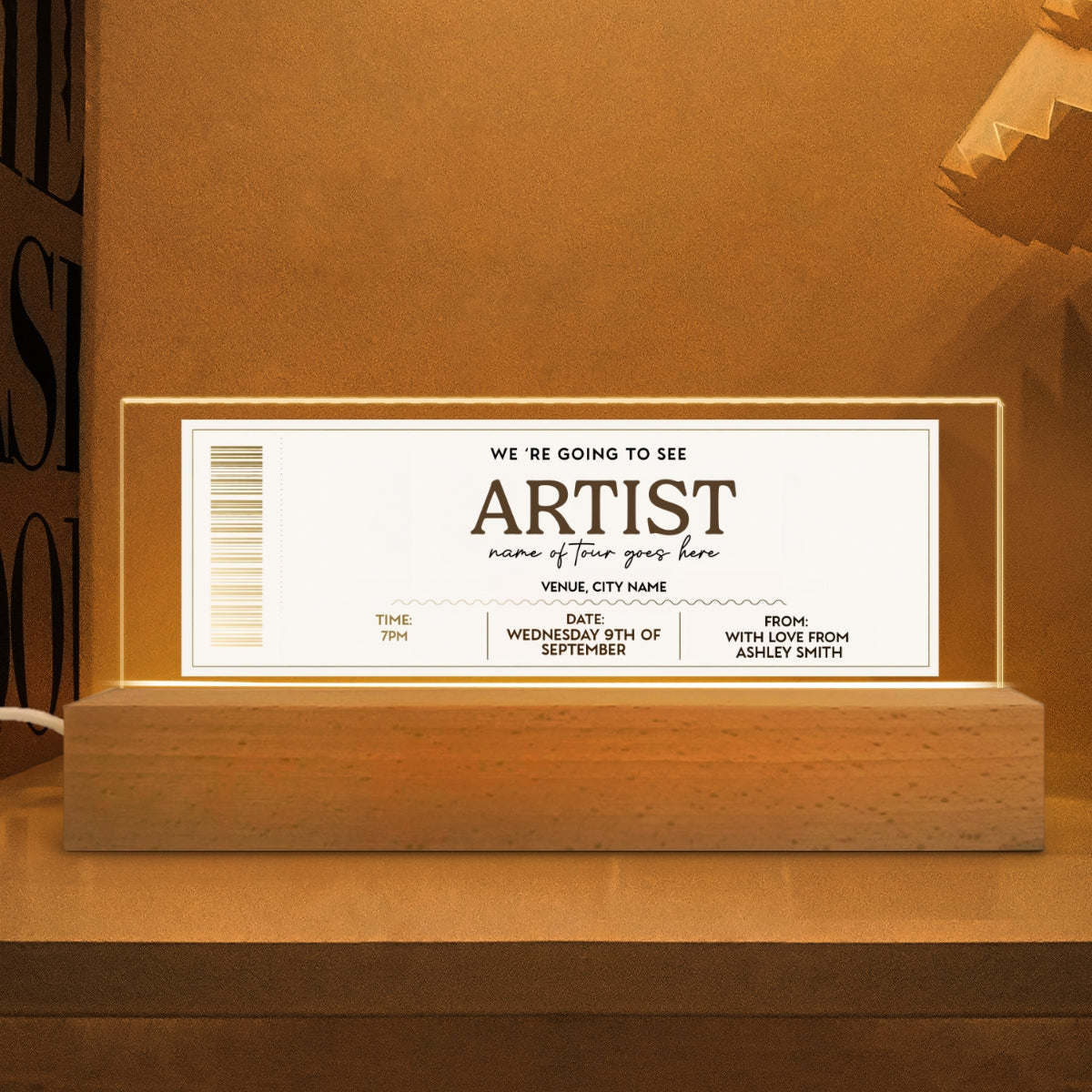 Custom Concert Ticket - Personalized Acrylic Block LED Night Light - Surprise Valentine's Day Gift for her, for him