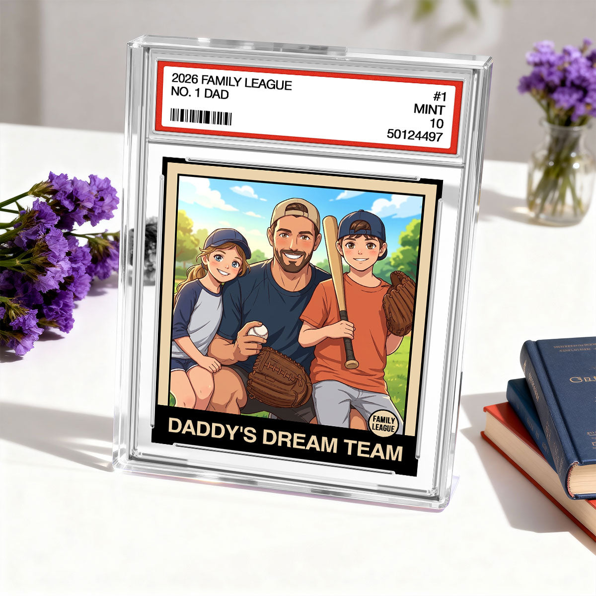 Cartoon Style Baseball Daddy's Dream Team Trading Card - Personalized Acrylic Block Plaque -  Gift For Baseball Dad, Husband