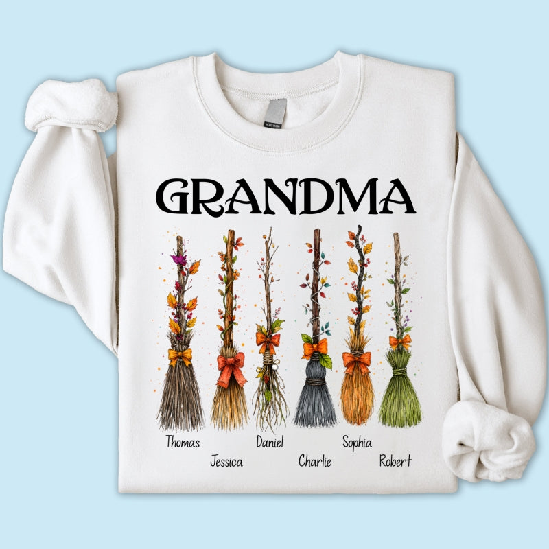 Grandma Witch Beautiful Broomsticks Custom Grandkids Names - Personalized Shirt - Halloween Gift For Grandma