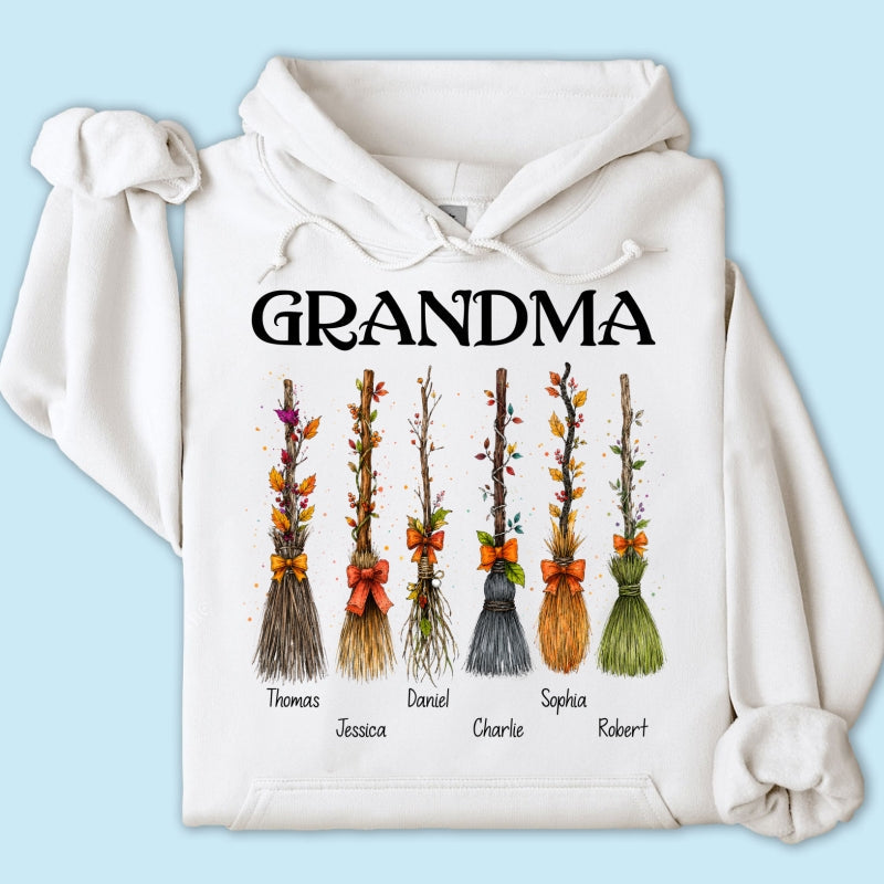 Grandma Witch Beautiful Broomsticks Custom Grandkids Names - Personalized Shirt - Halloween Gift For Grandma