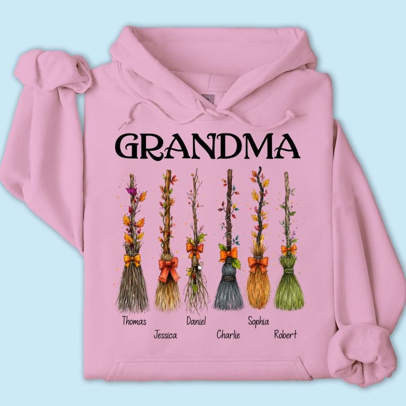 Grandma Witch Beautiful Broomsticks Custom Grandkids Names - Personalized Shirt - Halloween Gift For Grandma