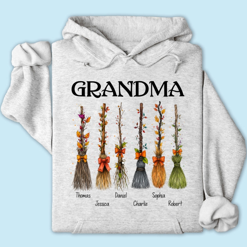Grandma Witch Beautiful Broomsticks Custom Grandkids Names - Personalized Shirt - Halloween Gift For Grandma