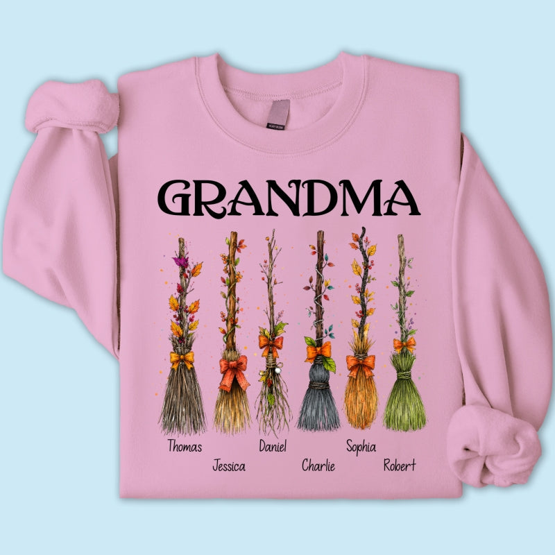 Grandma Witch Beautiful Broomsticks Custom Grandkids Names - Personalized Shirt - Halloween Gift For Grandma