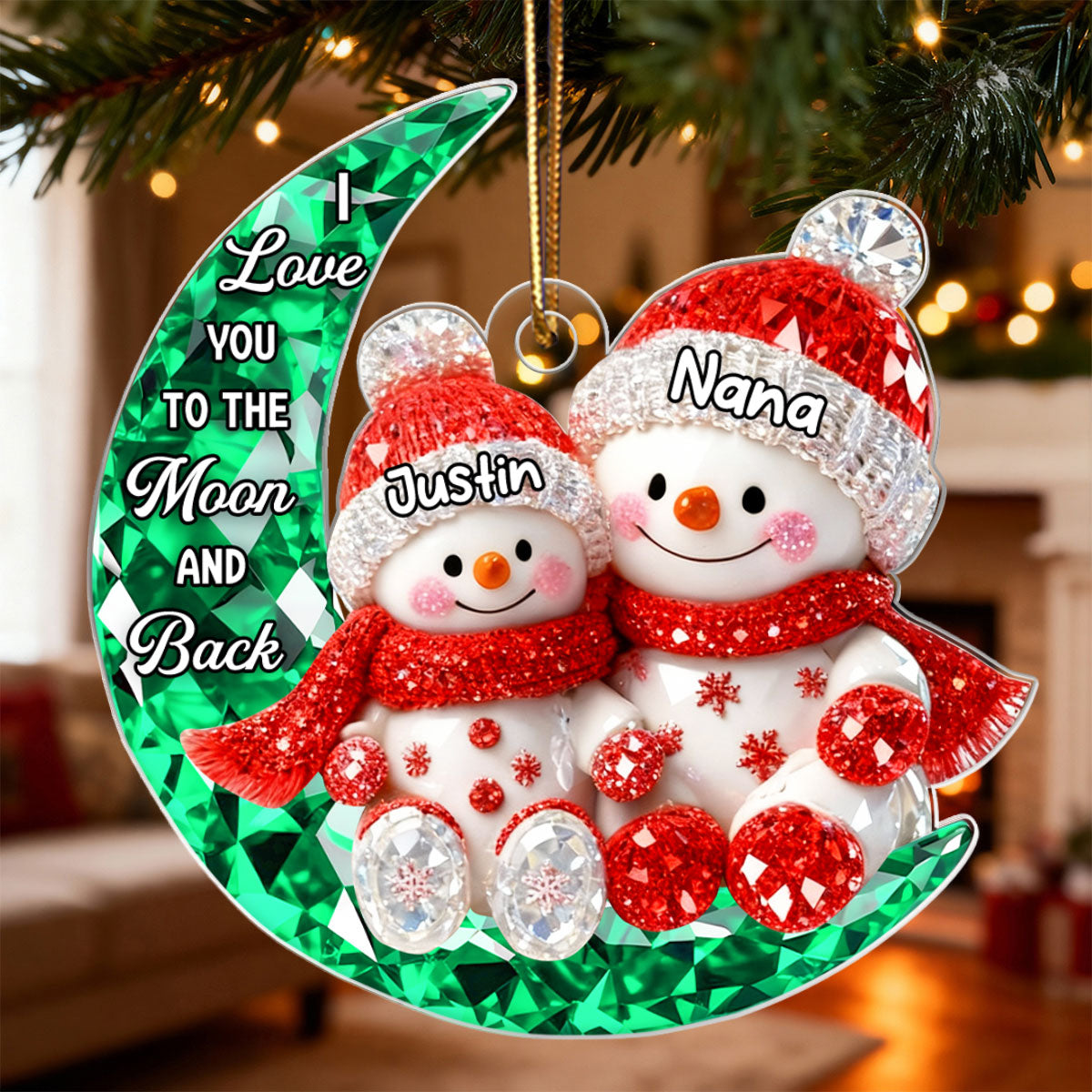 3D Crystal Effect Snowman Grandma Grandkid on Moon - Personalized Acrylic Ornament - Christmas Gift for Grandma, Grandkids
