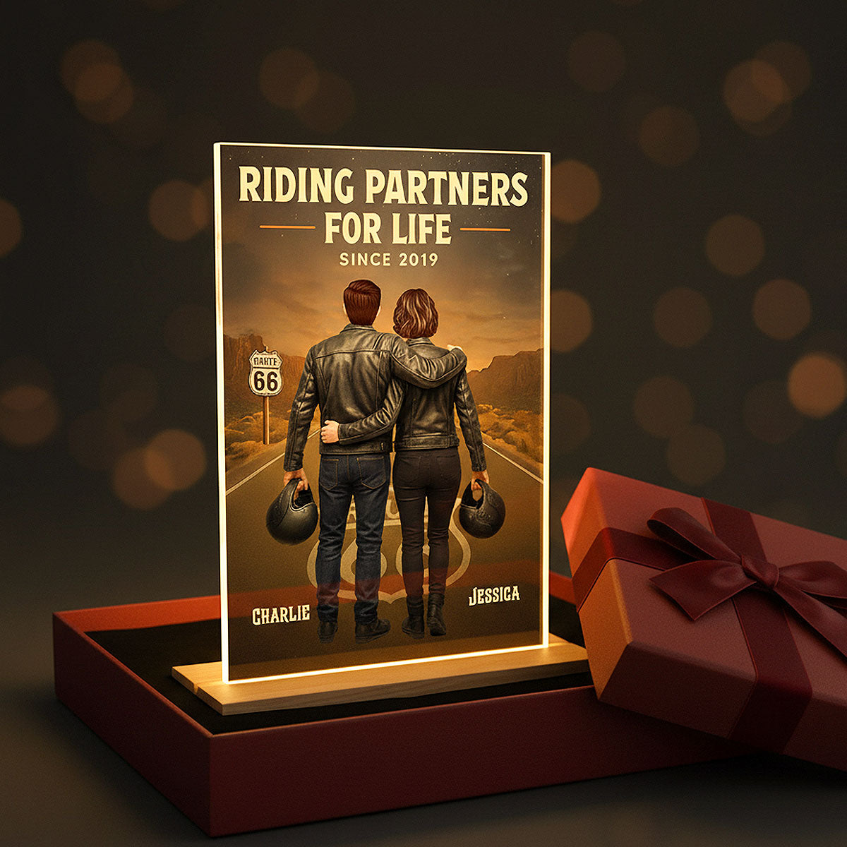 Eternal Love Back View Biker Couple Riding Partners For Life - Personalized Acrylic Plaque LED Night Light - Gift For Couple, Bikers, Gift For Him, For Her