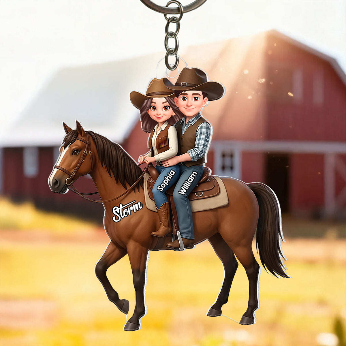 3D Effect Couple And Their Horse - Personalized Acrylic Car Hanger - Valentine's Gift For Couple, For Horse Lovers