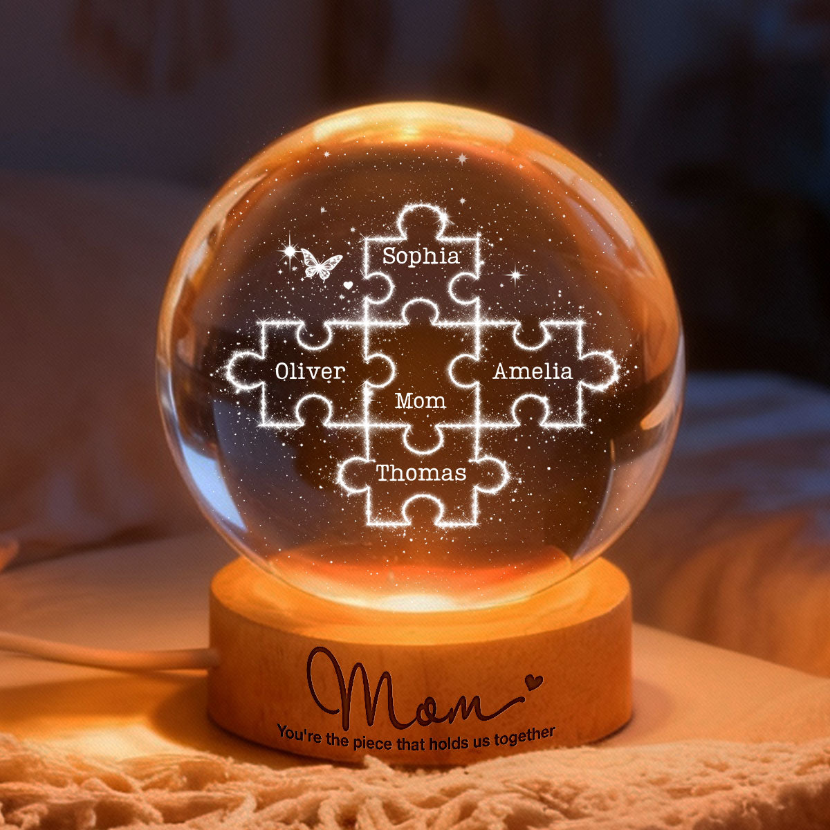 Mom You're the Piece that Holds Us Together - Personalized Crystal Ball LED Night Light - Mother's Day Gift for Mom, Wife