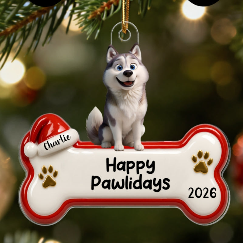 Happy Pawlidays Cartoon Dog 3D Effect - Personalized Acrylic Ornament - Christmas Decor For Dog Lovers
