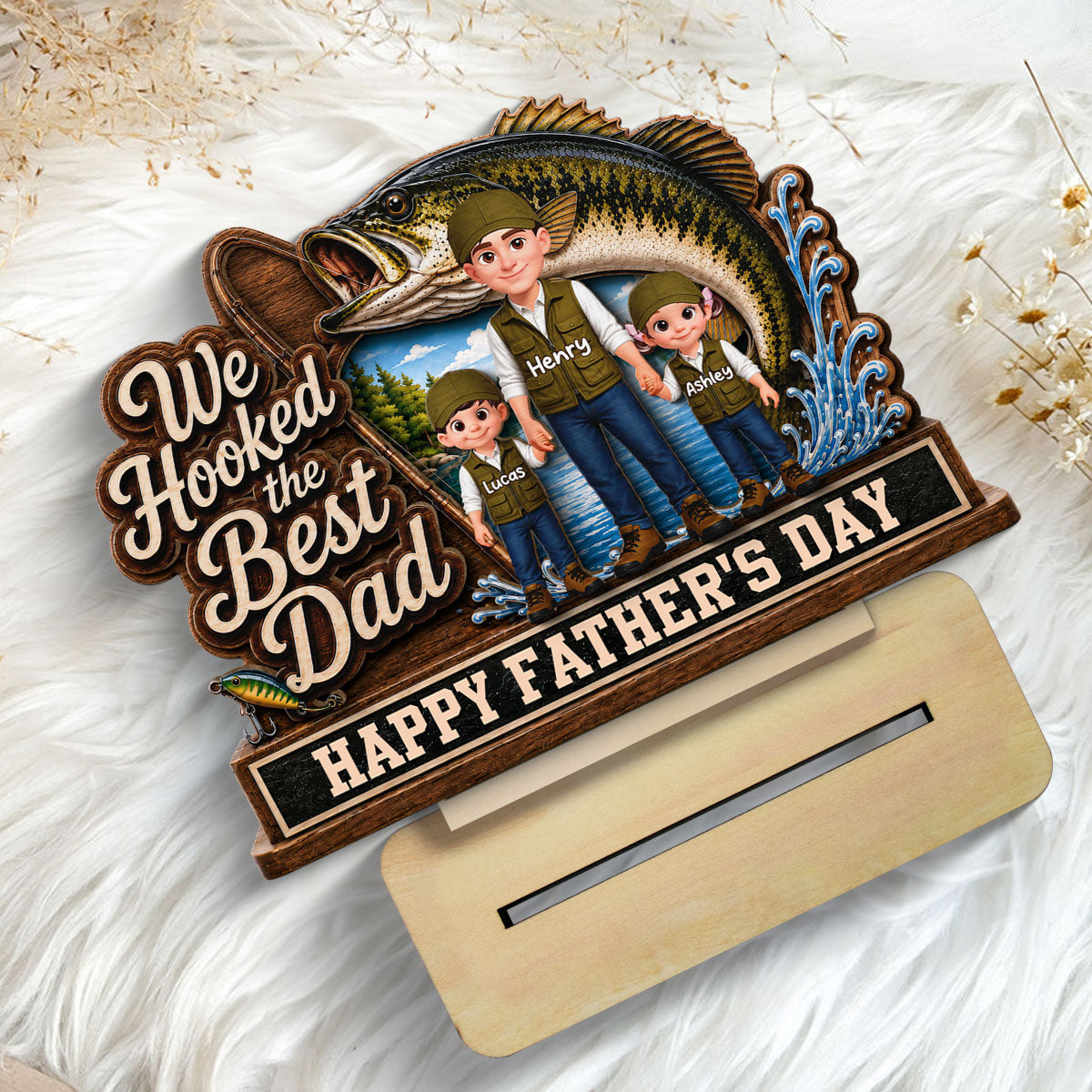 We Hooked The Best Dad Fishing Man & Kids 2D Flat - Personalized 2-Layered Wooden Plaque -  Gift For Fishing Dad
