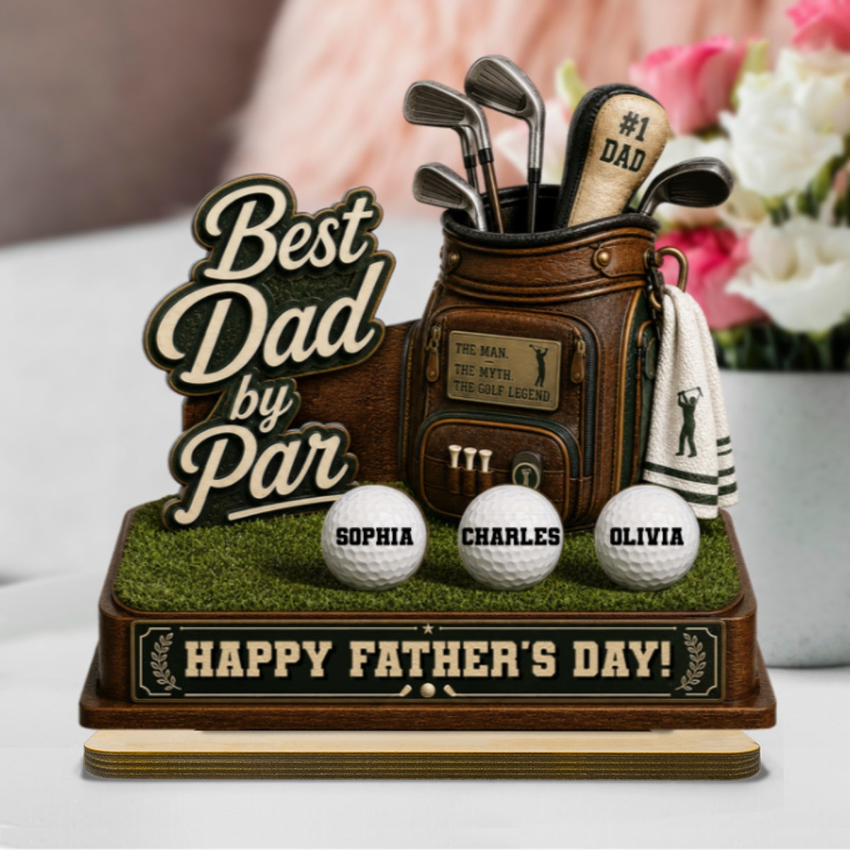 Best Dad By Par Custom Kid Name - Personalized 2-Layered Wooden Plaque -  Gift For Golf Dad