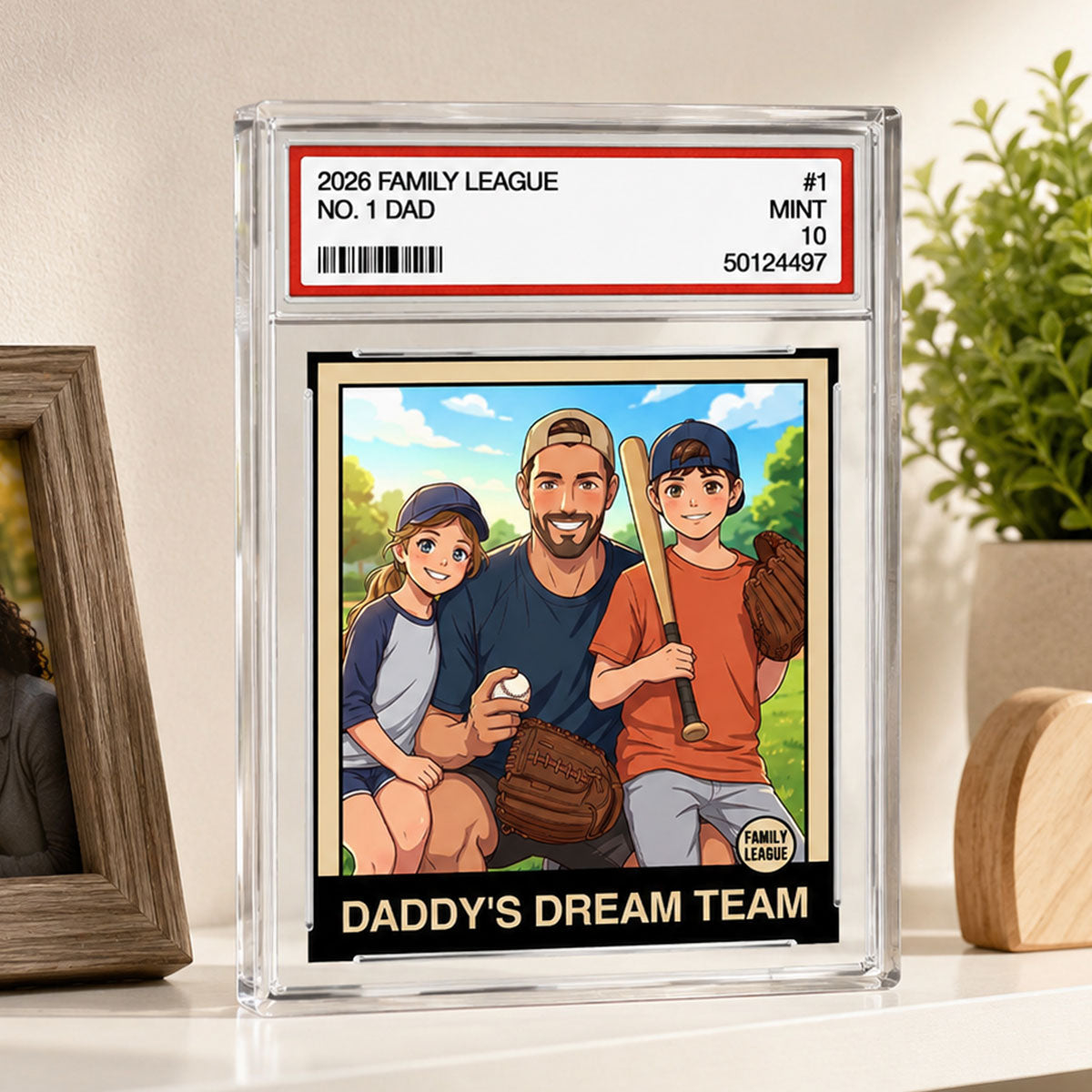 Cartoon Style Baseball Daddy's Dream Team Trading Card - Personalized Acrylic Block Plaque -  Gift For Baseball Dad, Husband