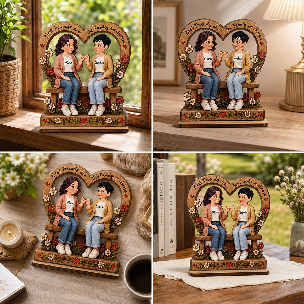 Best Friends Are The Family We Choose Pinky Promise Besties Sitting 2D Flat - Personalized 2-Layered Wooden Plaque - Birthday Gift, Friendship Gift for Best Friends