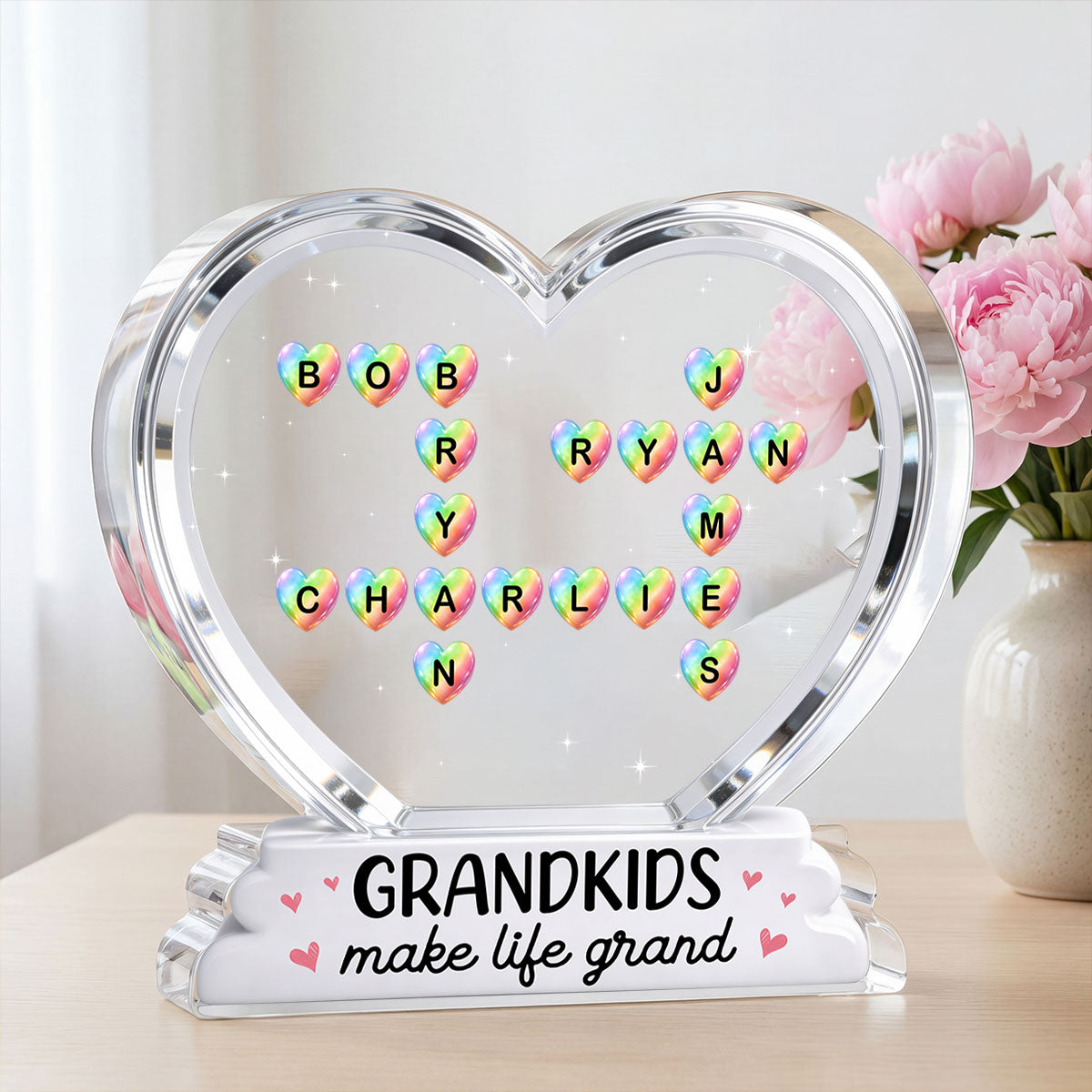 Grandkids Make Life Grand Crossword Puzzle Art Colorful Hearts 2D Flat - Personalized Acrylic Block Plaque - Gift For Grandma