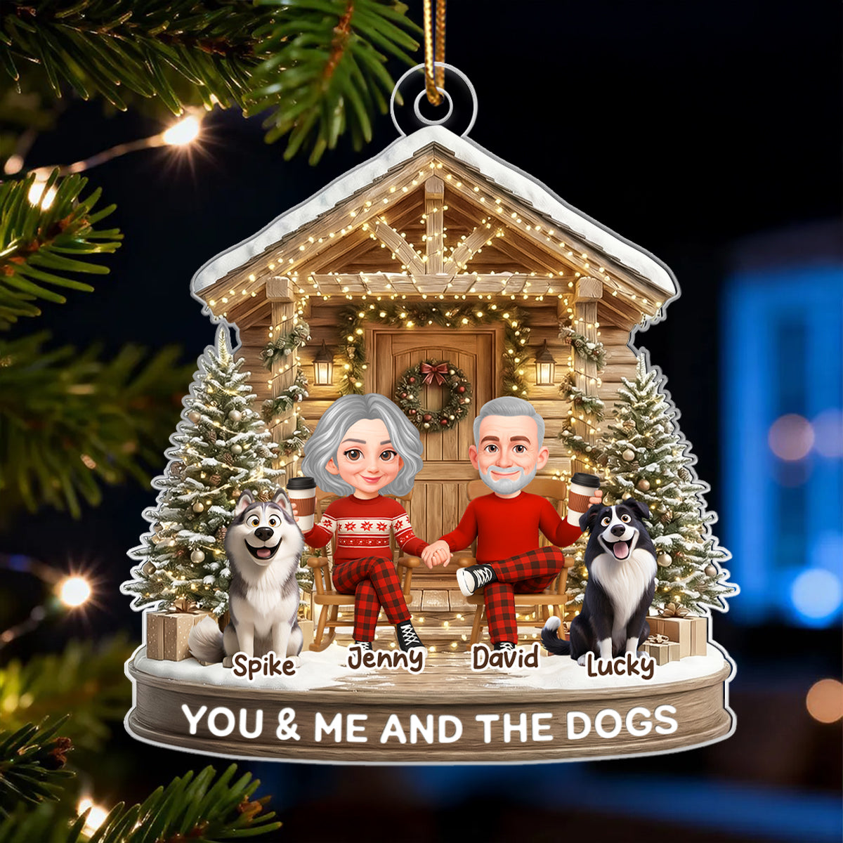 Couple And The Dogs Front Porch - Personalized Acrylic Ornament - Christmas Gift for him, for her