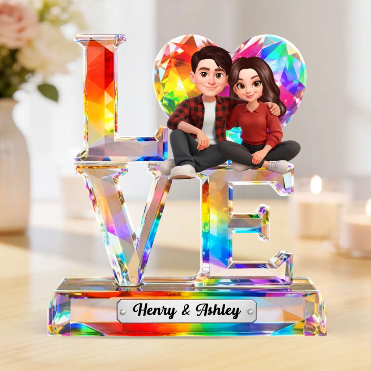 Love Couple Valentine Crystal Pattern - Personalized Acrylic Block Plaque - Anniversary, Valentine's Day Gift, Gift For Him, Gift For Her
