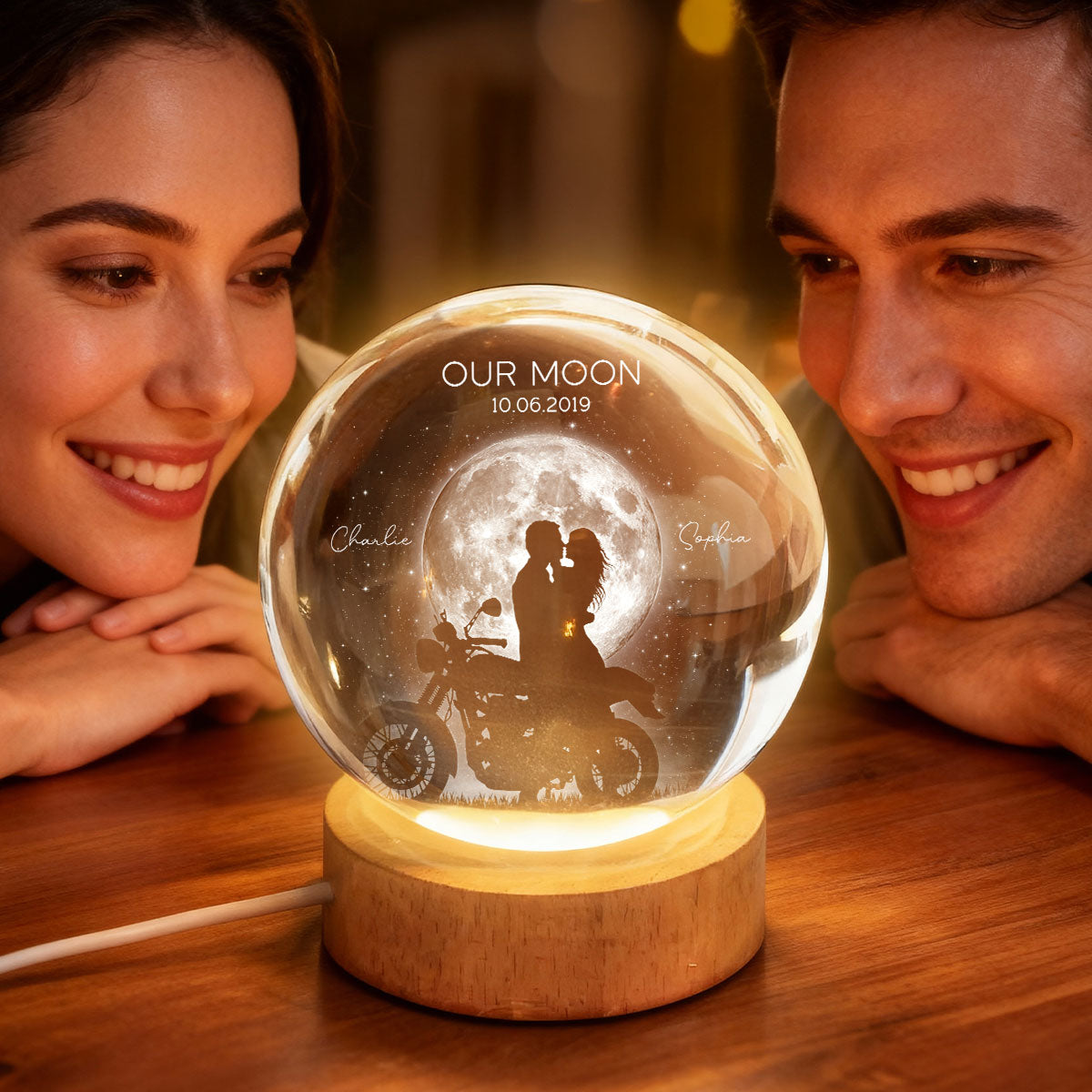 Biker Couple in the Moonlight, Custom Moon Phase by Date - Personalized Crystal Ball LED Night Light - Heartfelt Valentine's Day Gift for Her, for Him