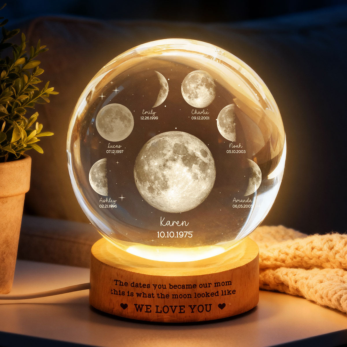 The Date You Became Our Mom - Personalized Crystal Ball LED Night Light - Custom Moon Phase by Date, Mother's Day Gift for Mom, Wife