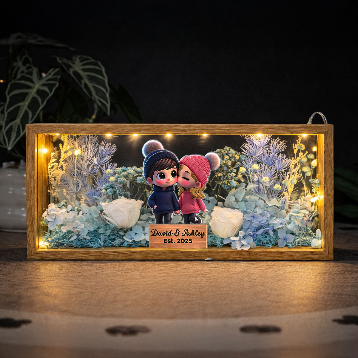 Eternal Love Cute Cartoon Chibi Couple Couple - Personalized DIY Flower Shadow Box LED Night Light - Gift For Couple, For Him, For Her