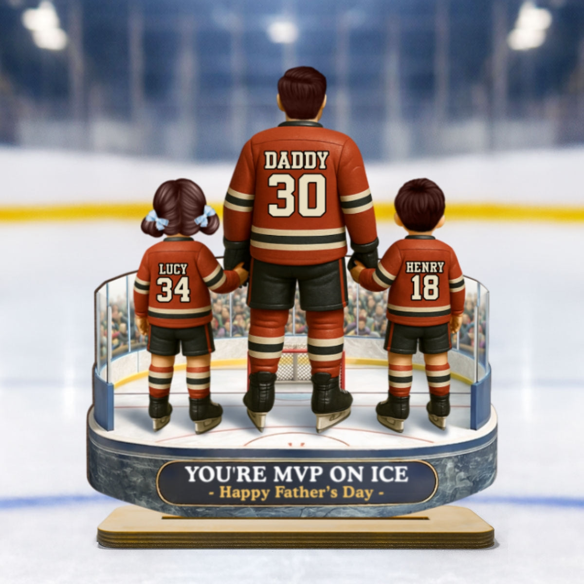 Hockey Dad And Kids On The Ice - Personalized 2-Layered Wooden Plaque - Gift For Hockey Dad, Gift For Husband