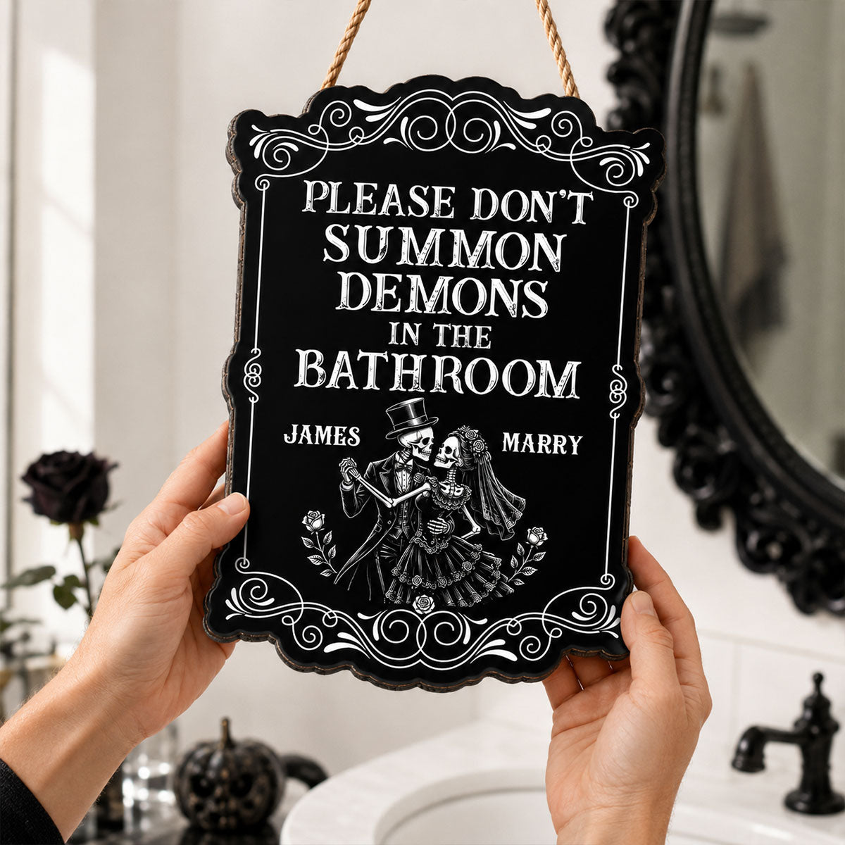 Gothic Couple Please Don't Summon Demons - Personalized Wood Sign - Funny Halloween Gothic Bathroom Decor For Couple