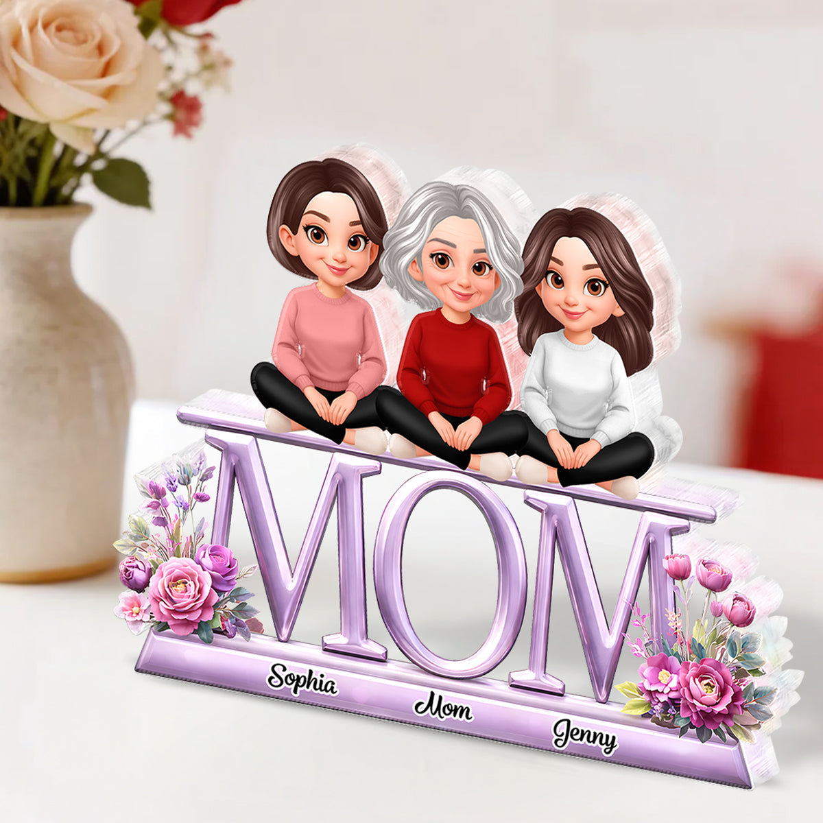 Lovely Mom And Kids - Personalized Acrylic Block Plaque - Heartfelt Gift For Mom, Grandma