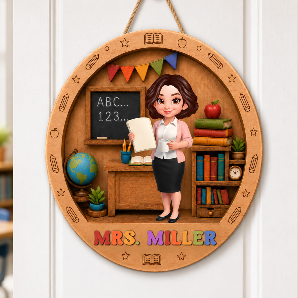 Teacher In Classroom 3D Design - Personalized 2-Layered Wood Sign - Back To School Gift For Teacher