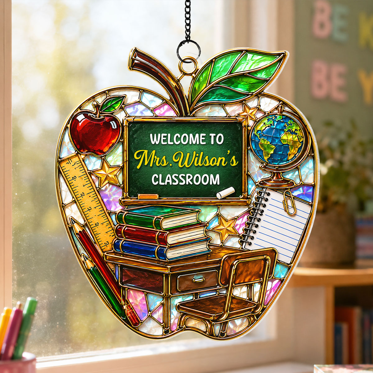 Teacher Apple Welcome to Classroom - Personalized Acrylic Suncatcher - Back to School Gift for Teacher, Classroom Decor